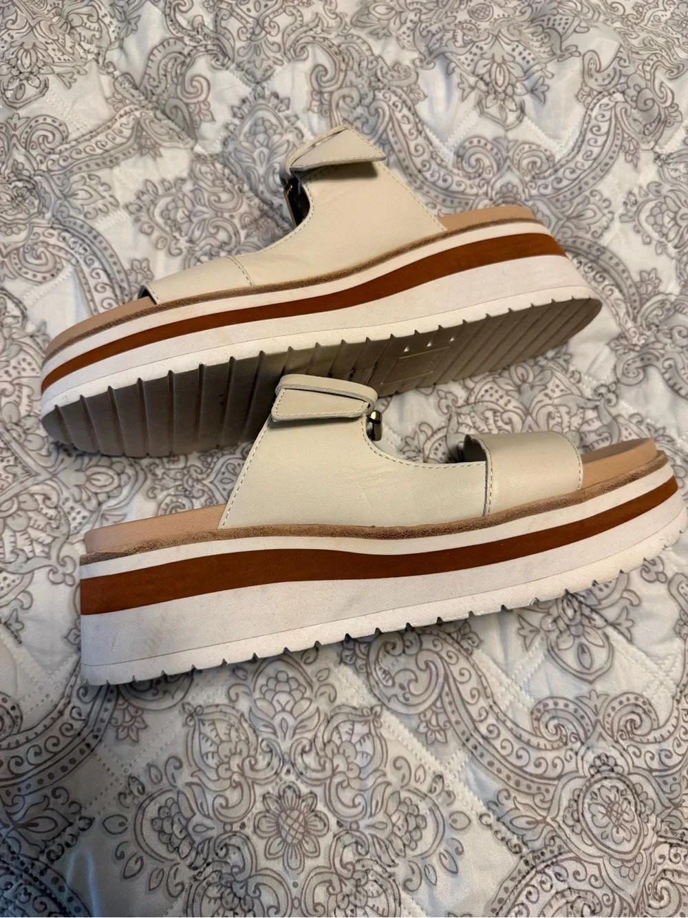Dolce Vita Cream Platform Slide Sandals with Gold Buckles
